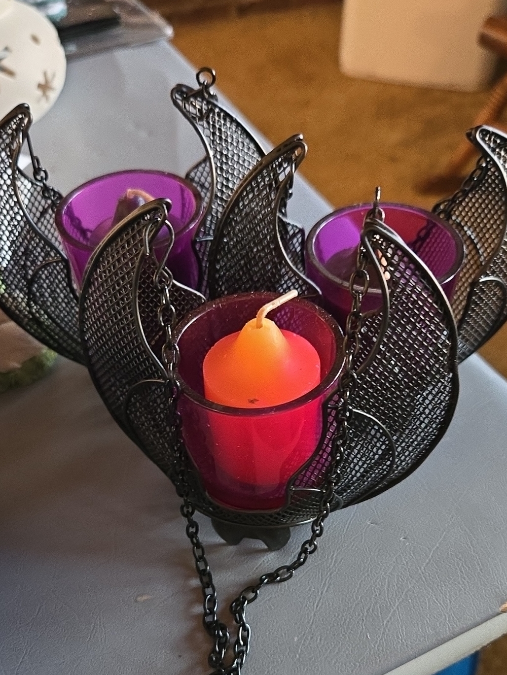PartyLite Black Metal Bats Hanging Holder with Purple Votive Glass Cups